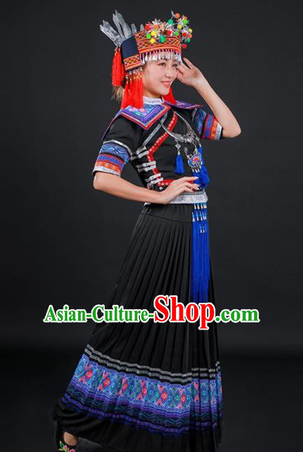 Chinese Traditional Yao Nationality Stage Show Black Long Dress Ethnic Minority Folk Dance Costume for Women