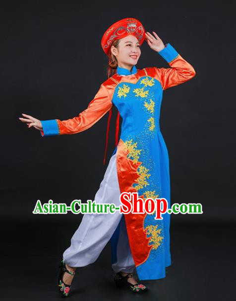 Chinese Traditional Jing Nationality Stage Show Embroidered Blue Dress Ethnic Minority Folk Dance Costume for Women