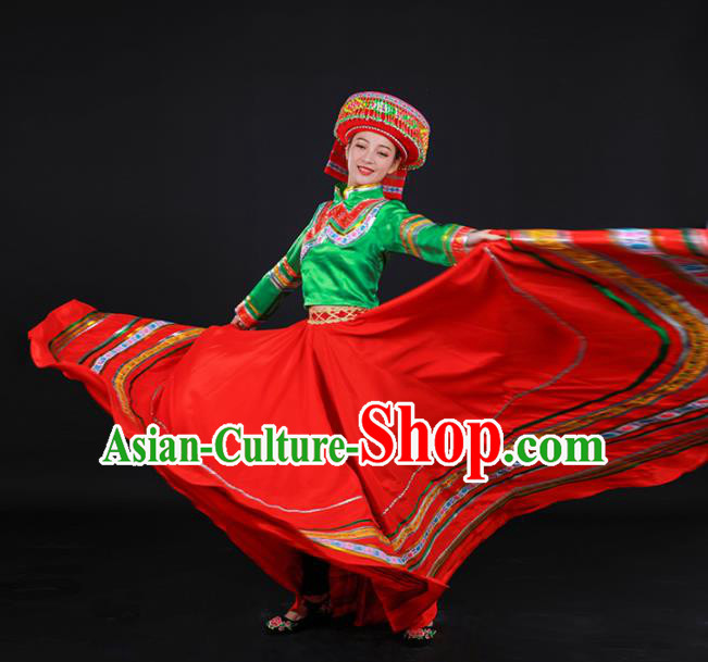 Chinese Traditional Lisu Nationality Stage Show Red Dress Ethnic Minority Folk Dance Costume for Women