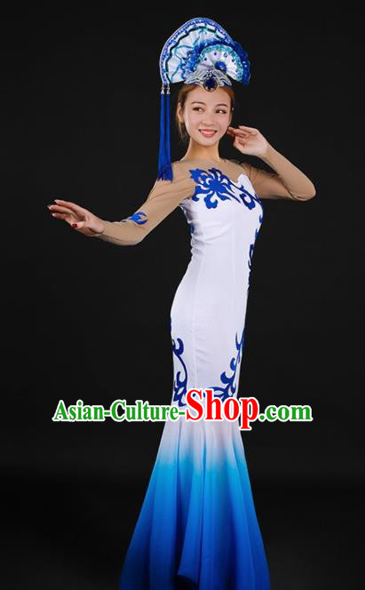 Chinese Spring Festival Gala Classical Dance Blue Fishtail Dress Traditional Chorus Costume for Women