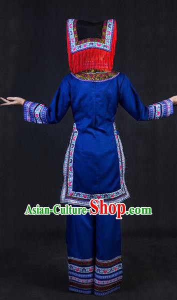 Chinese Traditional Lhoba Nationality Stage Show Royalblue Dress Ethnic Minority Folk Dance Costume for Women