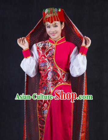 Chinese Traditional Bonan Nationality Stage Show Rosy Dress Ethnic Minority Folk Dance Costume for Women