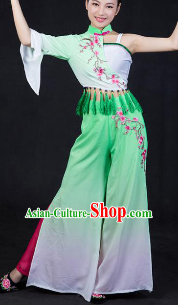 Chinese Spring Festival Gala Folk Dance Green Outfits Traditional Fan Dance Costume for Women