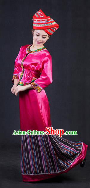 Chinese Traditional Blang Nationality Stage Show Rosy Dress Ethnic Minority Folk Dance Costume for Women