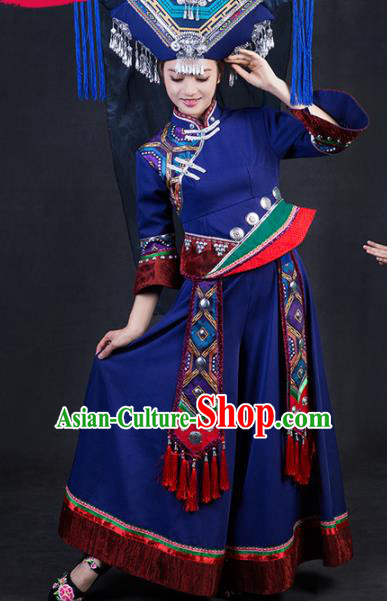 Chinese Traditional Zhuang Nationality Stage Show Navy Dress Ethnic Minority Folk Dance Costume for Women