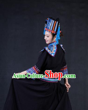 Chinese Traditional Yao Nationality Stage Show Black Dress Ethnic Minority Folk Dance Costume for Women
