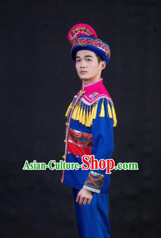 Chinese Traditional Zhuang Nationality Festival Compere Royalblue Outfits Ethnic Minority Folk Dance Stage Show Costume for Men