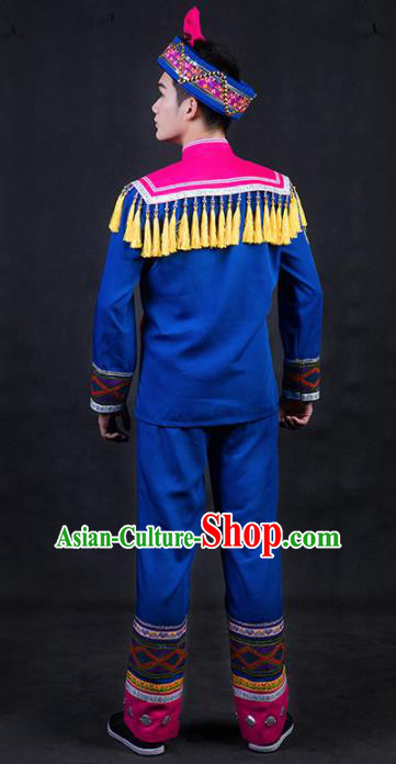 Chinese Traditional Zhuang Nationality Festival Compere Royalblue Outfits Ethnic Minority Folk Dance Stage Show Costume for Men