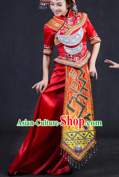 Chinese Traditional Zhuang Nationality Stage Show Red Dress Ethnic Minority Folk Dance Costume for Women