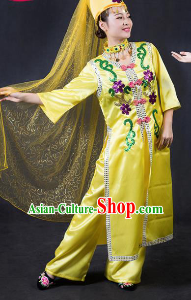 Chinese Traditional Dongxiang Nationality Stage Show Yellow Dress Ethnic Minority Folk Dance Costume for Women