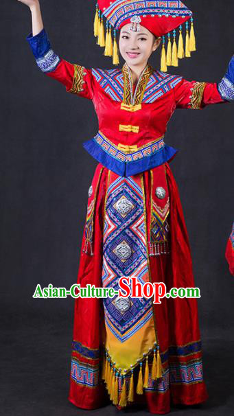 Chinese Traditional Zhuang Nationality Stage Show Bride Red Dress Ethnic Minority Folk Dance Costume for Women
