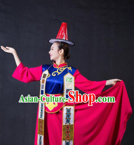 Chinese Traditional Yugur Nationality Stage Show Rosy Dress Ethnic Minority Folk Dance Costume for Women