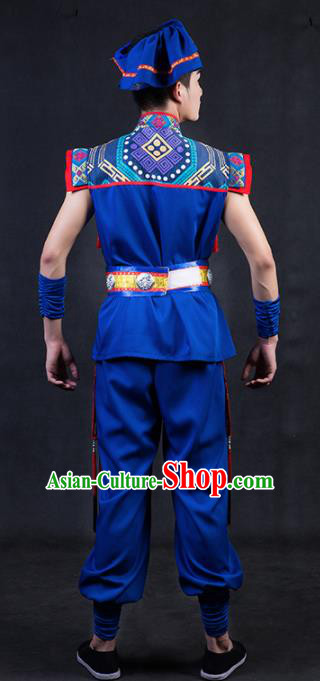 Chinese Traditional Yao Nationality Festival Compere Royalblue Outfits Ethnic Minority Folk Dance Stage Show Costume for Men