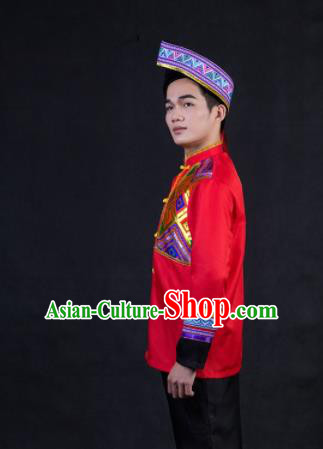 Chinese Traditional Zhuang Nationality Festival Compere Red Outfits Ethnic Minority Folk Dance Stage Show Costume for Men