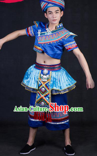 Chinese Traditional Zhuang Nationality Festival Compere Deep Blue Outfits Ethnic Minority Folk Dance Stage Show Costume for Men