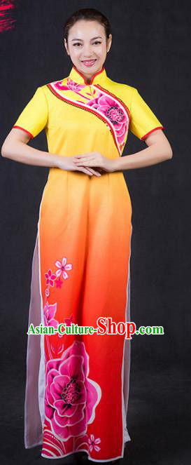 Chinese Spring Festival Gala Classical Dance Orange Qipao Dress Traditional Fan Dance Compere Costume for Women