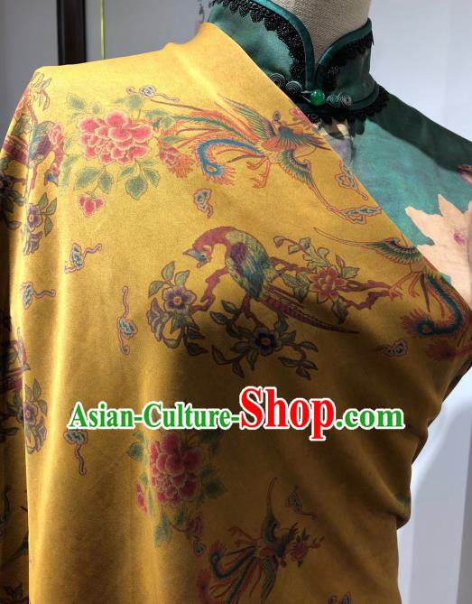 Asian Chinese Traditional Phoenix Peony Pattern Design Ginger Gambiered Guangdong Gauze Fabric Silk Material