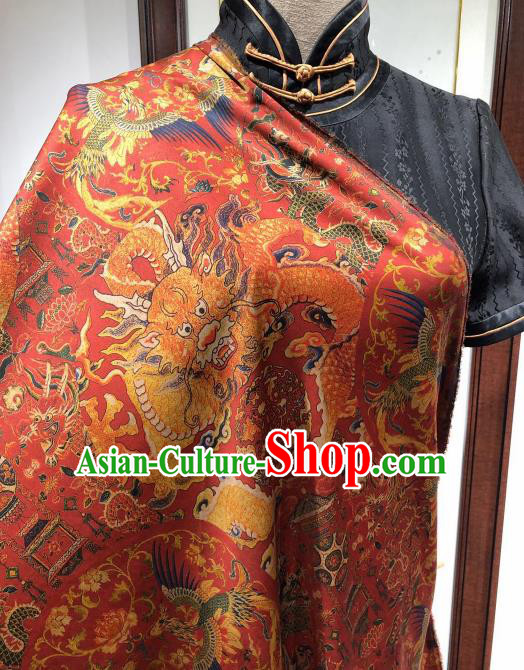 Asian Chinese Traditional Dragon Phoenix Pattern Design Red Gambiered Guangdong Gauze Fabric Silk Material