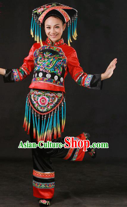 Chinese Traditional Zhuang Nationality Stage Show Embroidered Outfits Ethnic Minority Folk Dance Costume for Women