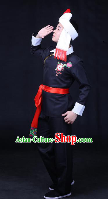 Chinese Traditional Achang Nationality Festival Compere Black Outfits Ethnic Minority Folk Dance Stage Show Costume for Men
