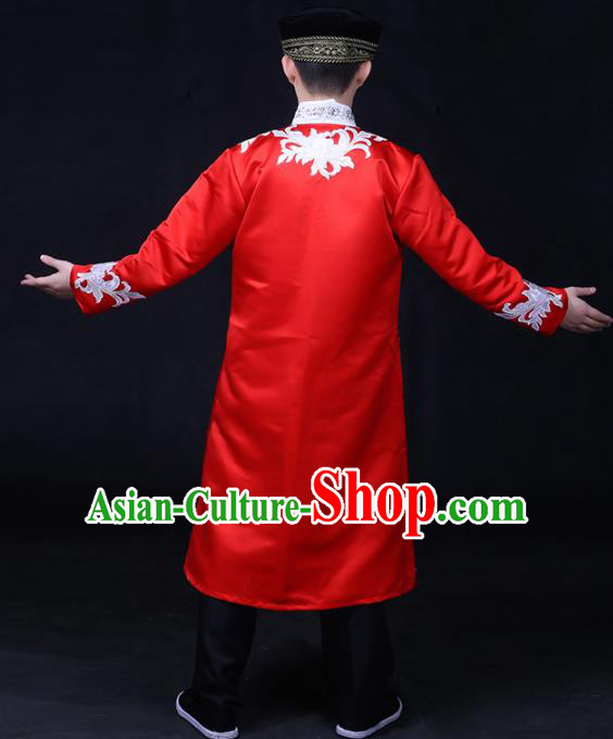 Chinese Traditional Ozbek Nationality Festival Compere Red Outfits Ethnic Minority Folk Dance Stage Show Costume for Men
