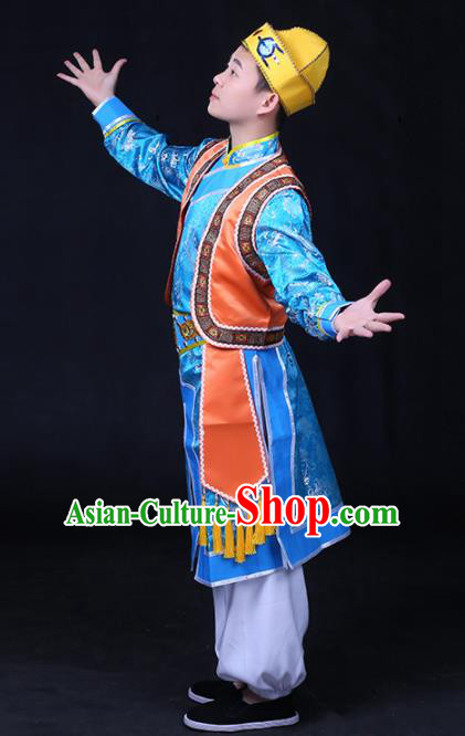 Chinese Traditional Xibe Nationality Festival Compere Blue Outfits Ethnic Minority Folk Dance Stage Show Costume for Men