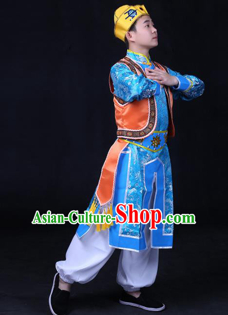 Chinese Traditional Xibe Nationality Festival Compere Blue Outfits Ethnic Minority Folk Dance Stage Show Costume for Men