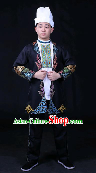 Chinese Traditional Khalkhas Nationality Festival Compere Black Outfits Ethnic Minority Folk Dance Stage Show Costume for Men