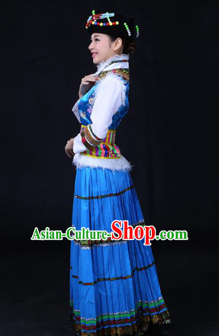Chinese Traditional Pumi Nationality Stage Show Blue Long Dress Ethnic Minority Folk Dance Costume for Women