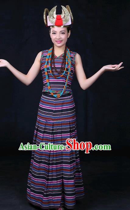Chinese Traditional Drung Nationality Stage Show Dress Ethnic Minority Folk Dance Costume for Women