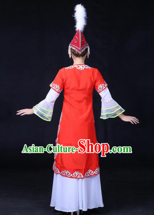 Chinese Traditional Khalkhas Nationality Stage Show Red Dress Ethnic Minority Folk Dance Costume for Women
