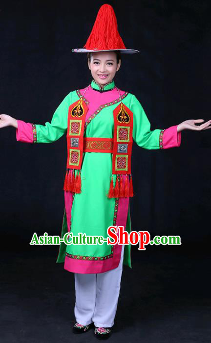 Chinese Traditional Yughur Nationality Stage Show Green Dress Ethnic Minority Folk Dance Costume for Women