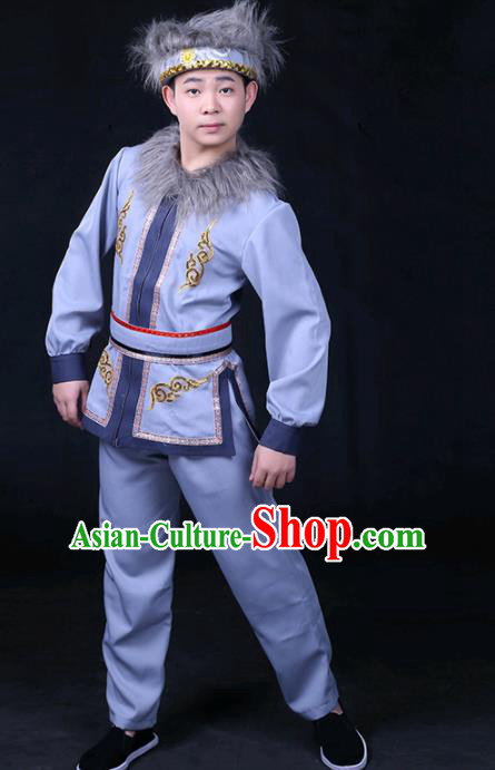 Chinese Traditional Hezhen Nationality Compere Blue Outfits Ethnic Minority Folk Dance Stage Show Festival Costume for Men