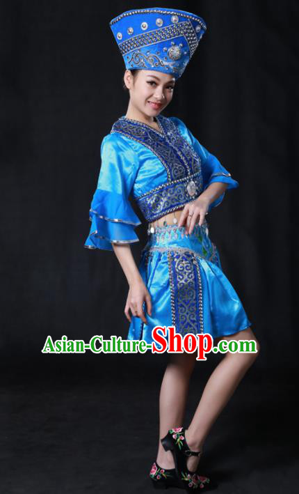 Chinese Traditional Russian Nationality Blue Short Dress Ethnic Minority Folk Dance Stage Show Costume for Women