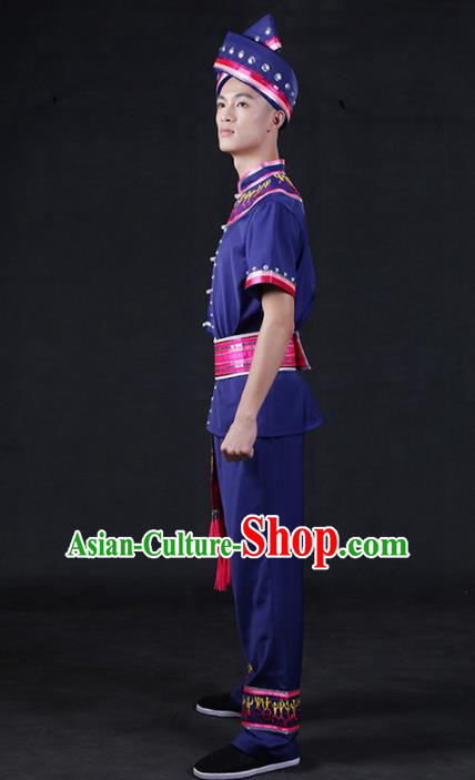 Chinese Traditional Zhuang Nationality Compere Navy Outfits Ethnic Minority Folk Dance Stage Show Festival Costume for Men