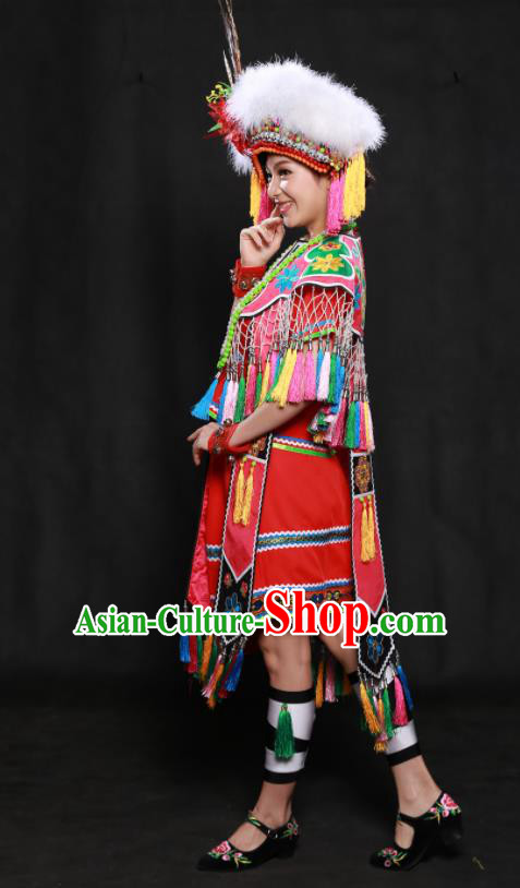 Chinese Traditional Gaoshan Nationality Red Short Dress Ethnic Minority Folk Dance Stage Show Costume for Women