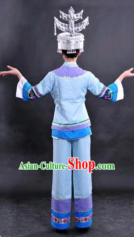Chinese Traditional Shui Nationality Light Blue Dress Ethnic Minority Folk Dance Stage Show Costume for Women