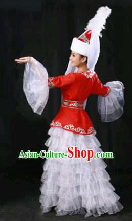 Chinese Traditional Kazak Nationality White Veil Dress Ethnic Minority Folk Dance Stage Show Costume for Women