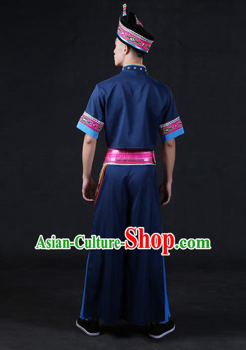 Chinese Traditional Zhuang Nationality Navy Outfits Ethnic Minority Folk Dance Stage Show Compere Festival Costume for Men
