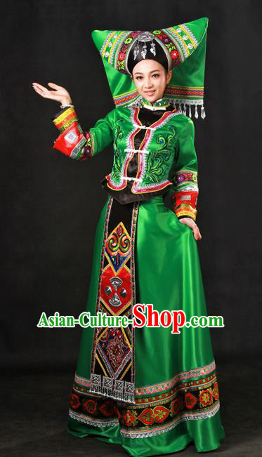 Chinese Traditional Zhuang Nationality Green Dress Ethnic Minority Folk Dance Stage Show Costume for Women