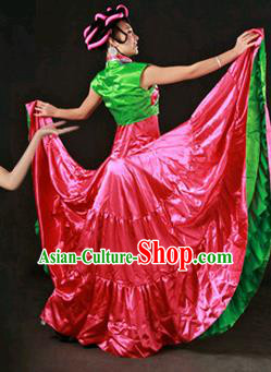 Chinese Traditional Yi Nationality Rosy Dress Ethnic Minority Folk Dance Stage Show Costume for Women