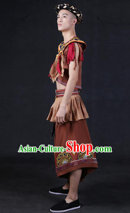 Chinese Traditional Zhuang Nationality Brown Outfits Ethnic Minority Folk Dance Stage Show Compere Festival Costume for Men