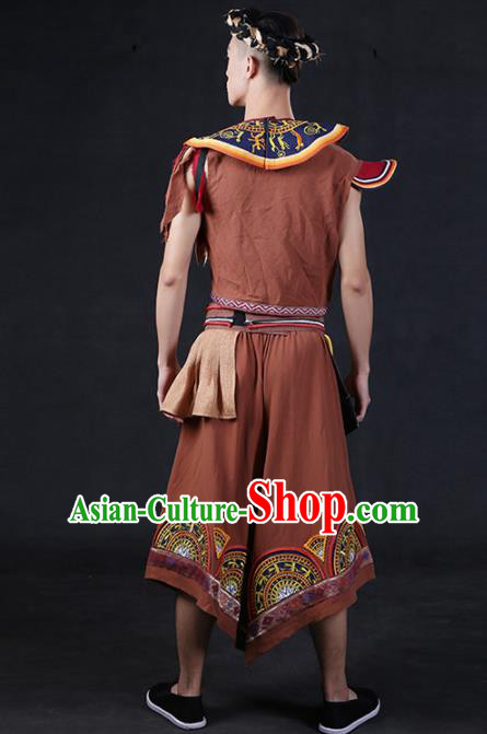 Chinese Traditional Zhuang Nationality Brown Outfits Ethnic Minority Folk Dance Stage Show Compere Festival Costume for Men