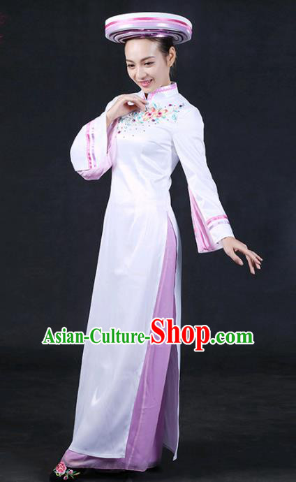 Chinese Traditional Jing Nationality Stage Show White Qipao Dress Ethnic Minority Folk Dance Costume for Women