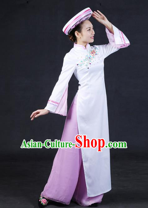 Chinese Traditional Jing Nationality Stage Show White Qipao Dress Ethnic Minority Folk Dance Costume for Women