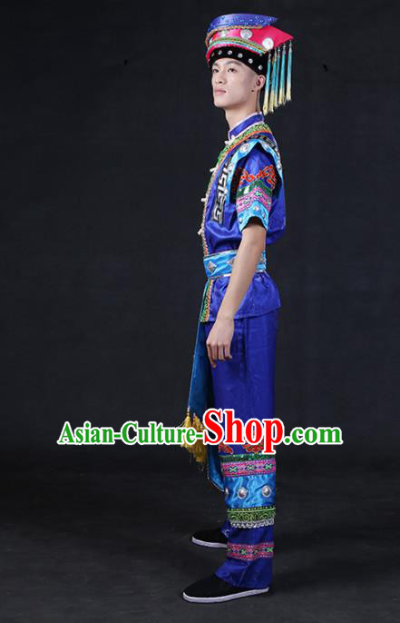 Chinese Traditional Zhuang Nationality Royalblue Outfits Ethnic Minority Folk Dance Stage Show Compere Festival Costume for Men