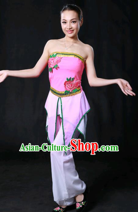 Chinese Spring Festival Gala Folk Dance Rosy Outfits Traditional Fan Dance Compere Costume for Women