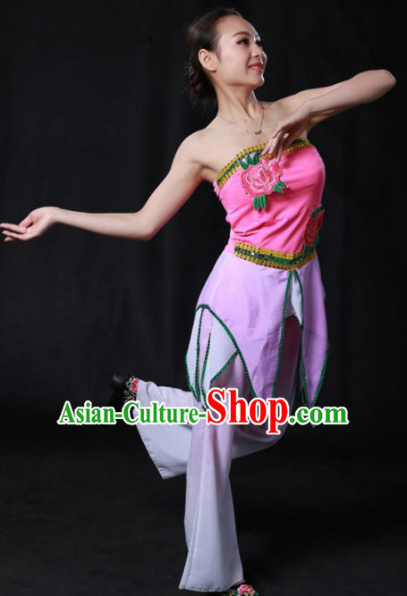 Chinese Spring Festival Gala Folk Dance Rosy Outfits Traditional Fan Dance Compere Costume for Women