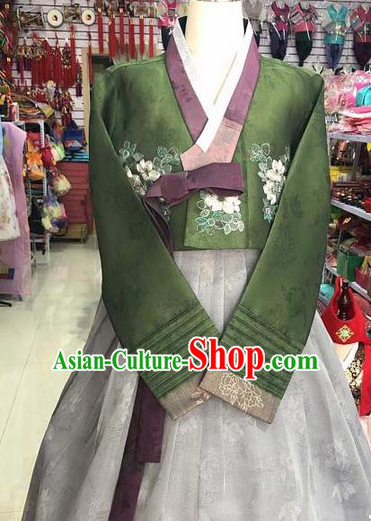 Korean Traditional Hanbok Atrovirens Blouse and Grey Dress Asian Korea Princess Fashion Costume for Women