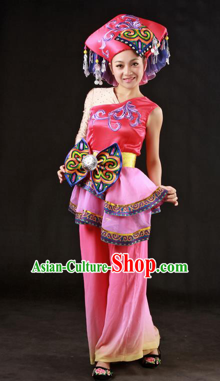 Chinese Traditional Zhuang Nationality Rosy Outfits Ethnic Minority Folk Dance Stage Show Costume for Women